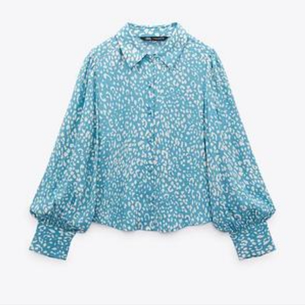 Zara Light Blue Patterned Animal Blouse, Button Down Shirt
